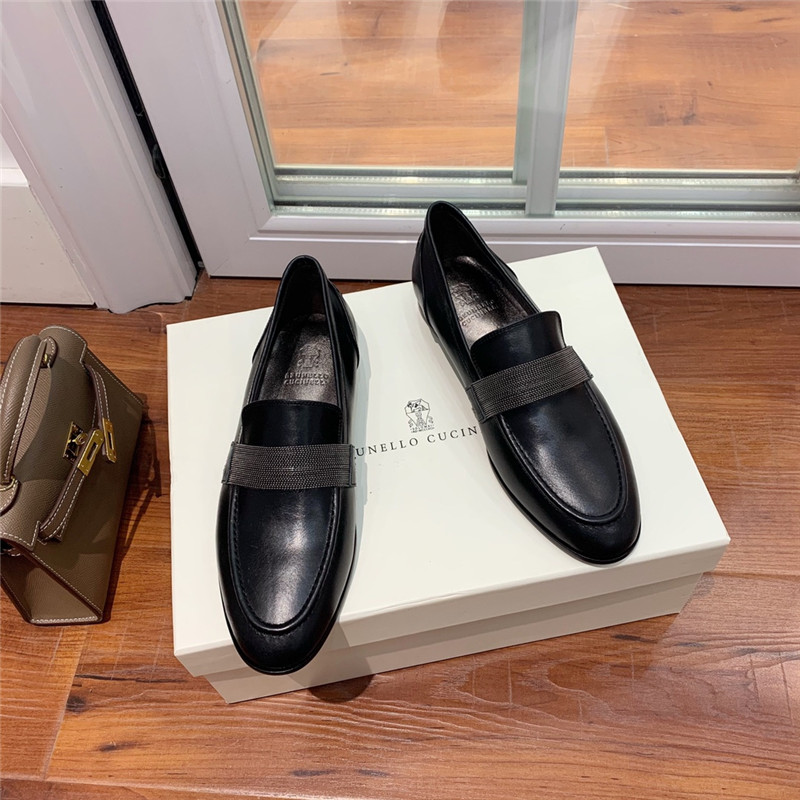 Brunello Cucinelli Black Leather Penny Loafer with Monili