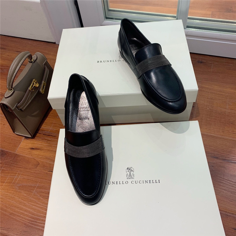 Brunello Cucinelli Black Leather Penny Loafer with Monili