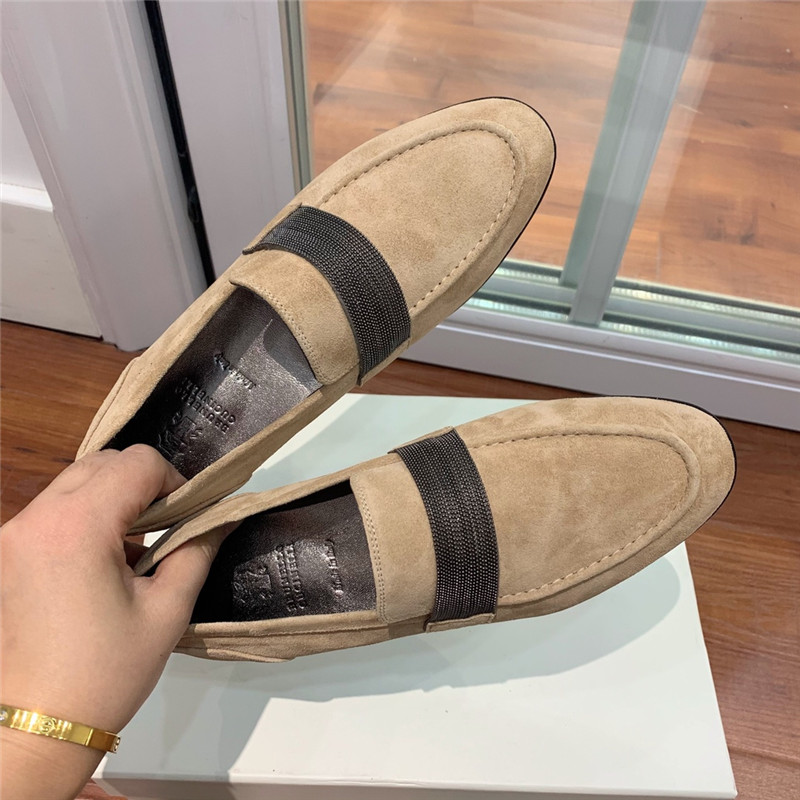 Brunello Cucinelli Hazelnut Suede Penny Loafer with Monili