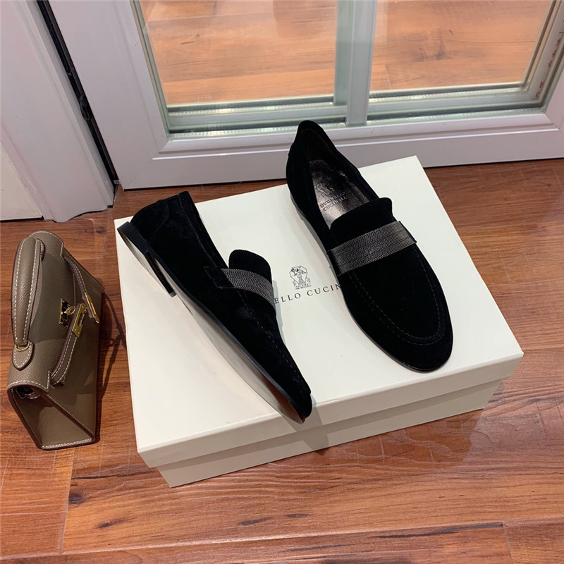 Brunello Cucinelli Black Suede Penny Loafer with Monili