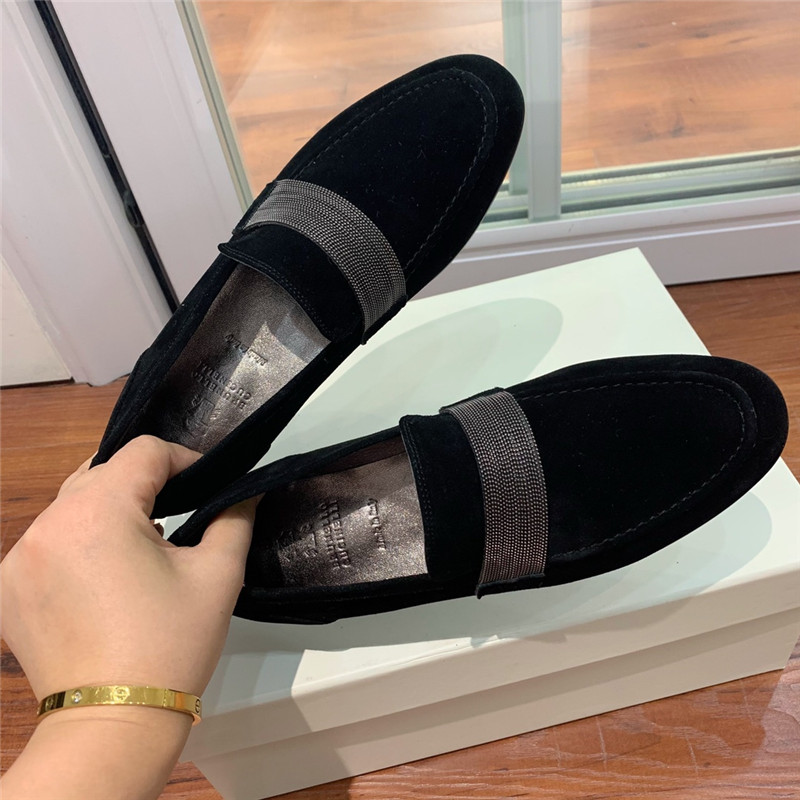 Brunello Cucinelli Black Suede Penny Loafer with Monili