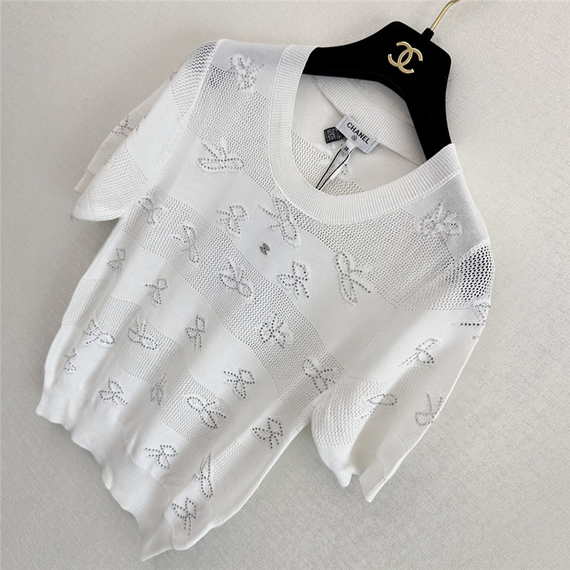 Ch**el bow rhinestone short sleeve replica designer clothes