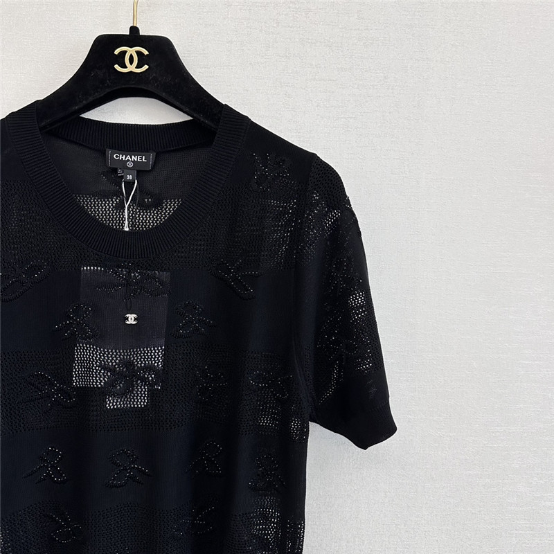 Ch**el bow rhinestone short sleeve replica designer clothes
