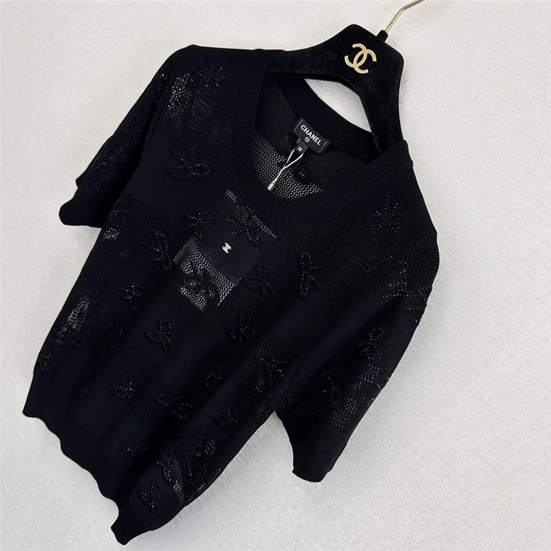 Ch**el bow rhinestone short sleeve replica designer clothes