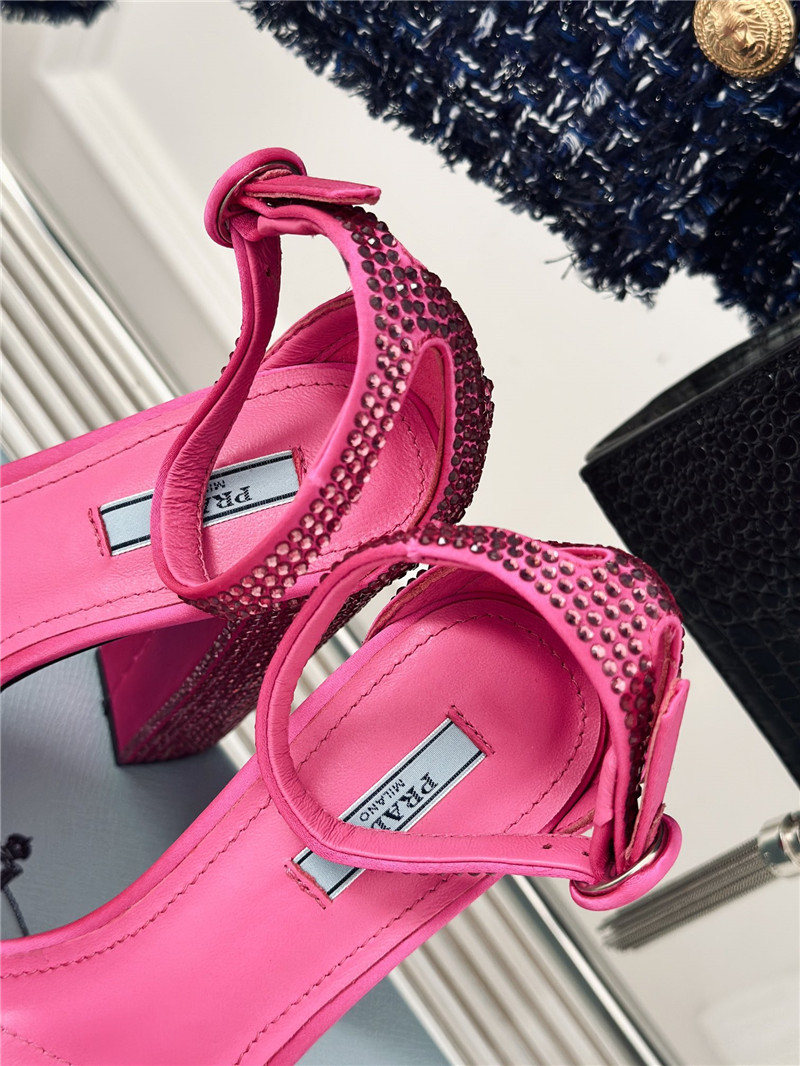Pra*a fuchsia satin platform sandals with crystal
