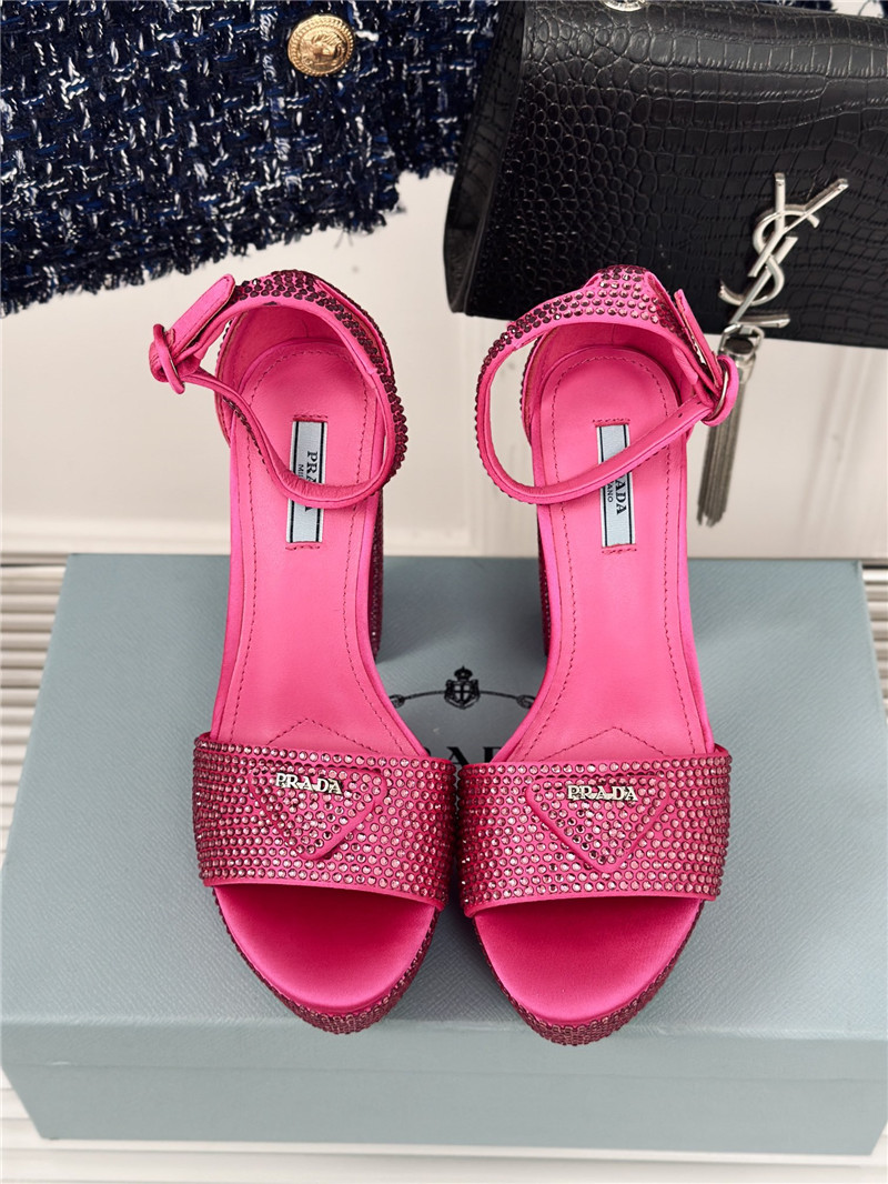 Pra*a fuchsia satin platform sandals with crystal