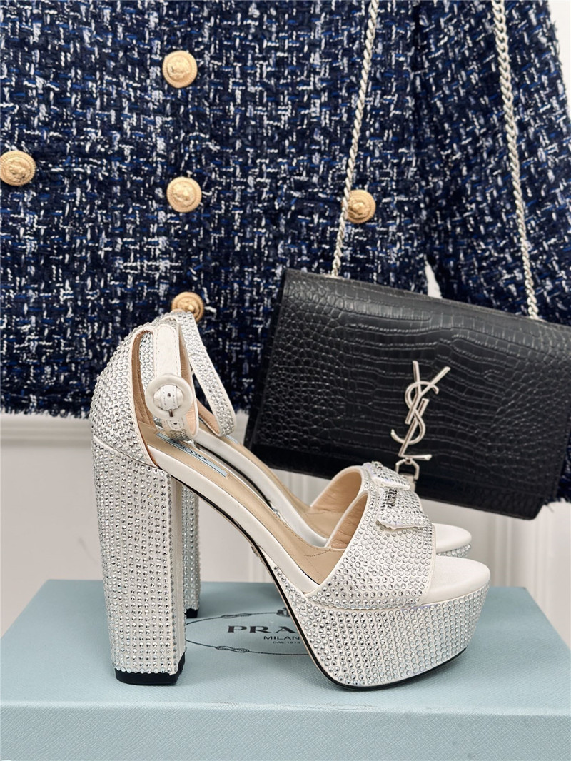 Pra*a silver satin platform sandals with crystal