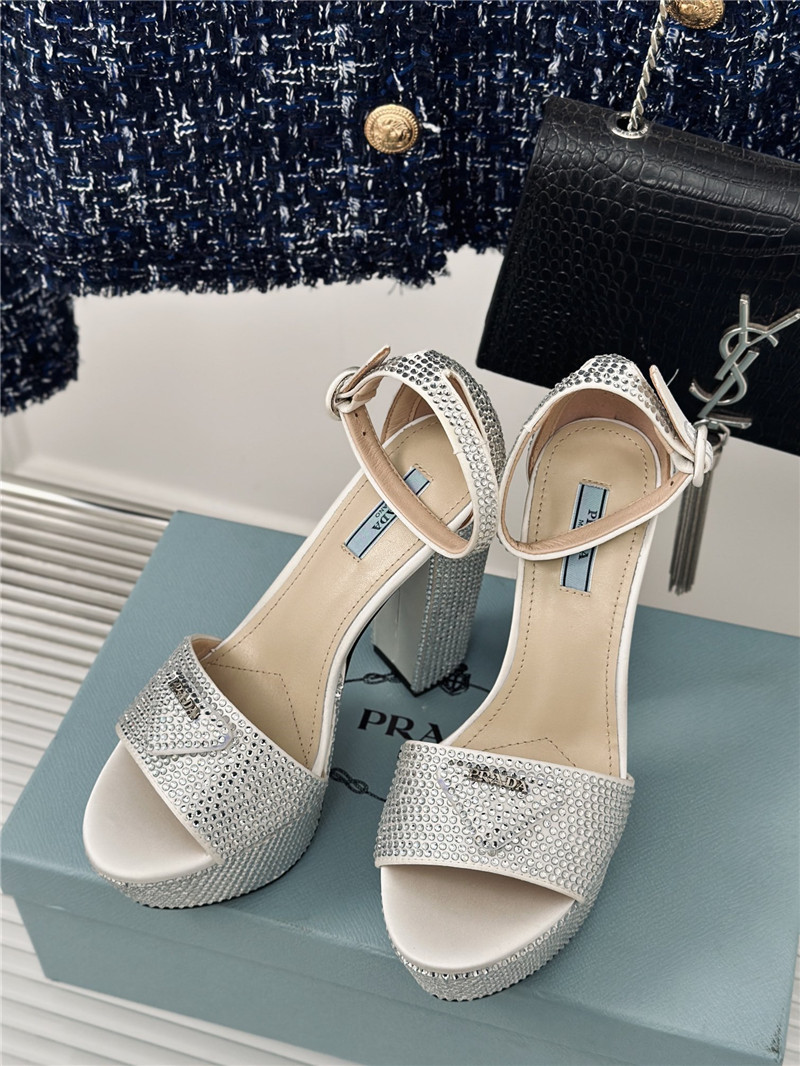 Pra*a silver satin platform sandals with crystal
