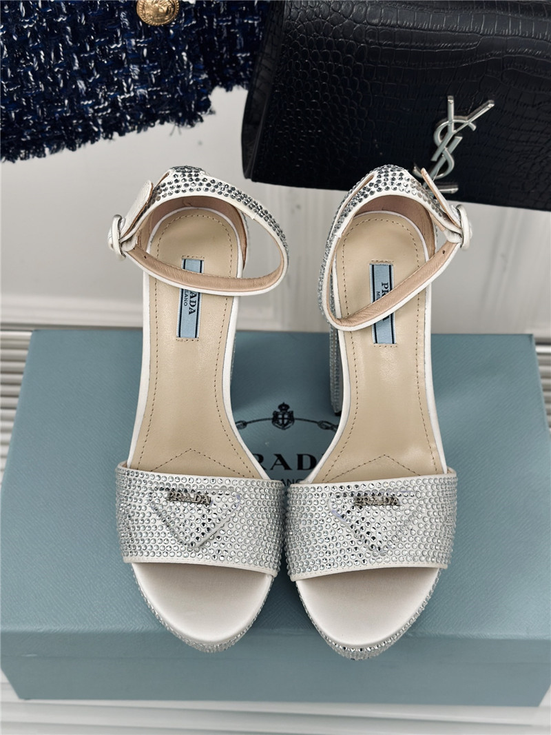 Pra*a silver satin platform sandals with crystal