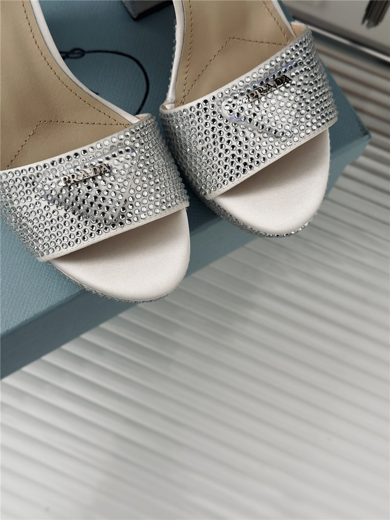 Pra*a silver satin platform sandals with crystal