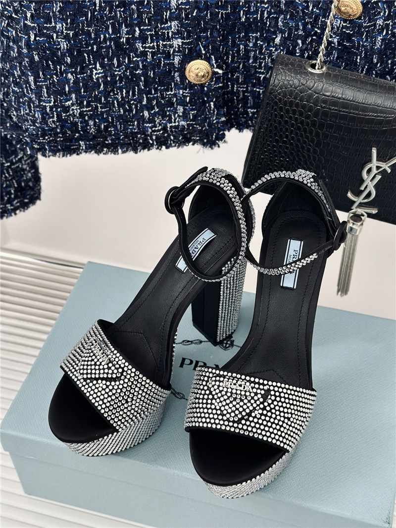 Pra*a black and silver satin platform sandals with crystal