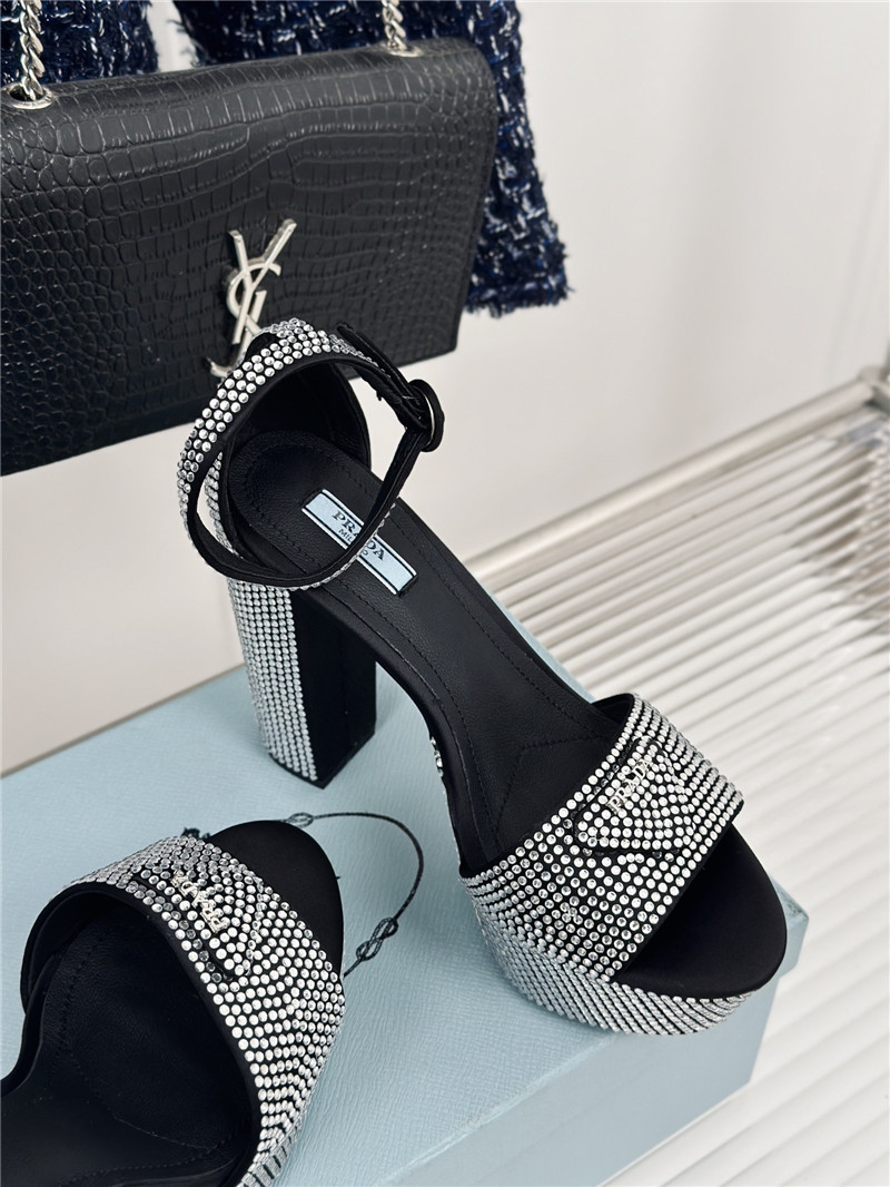 Pra*a black and silver satin platform sandals with crystal