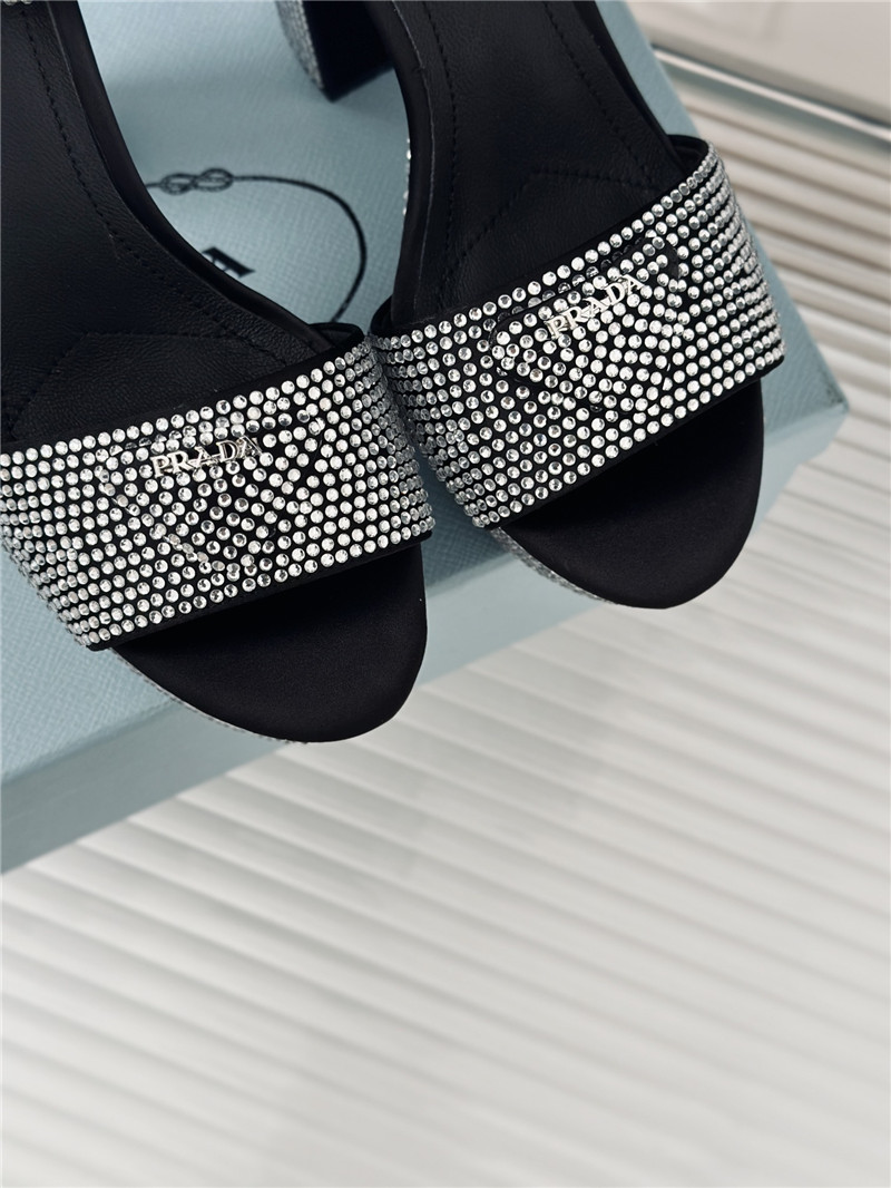 Pra*a black and silver satin platform sandals with crystal