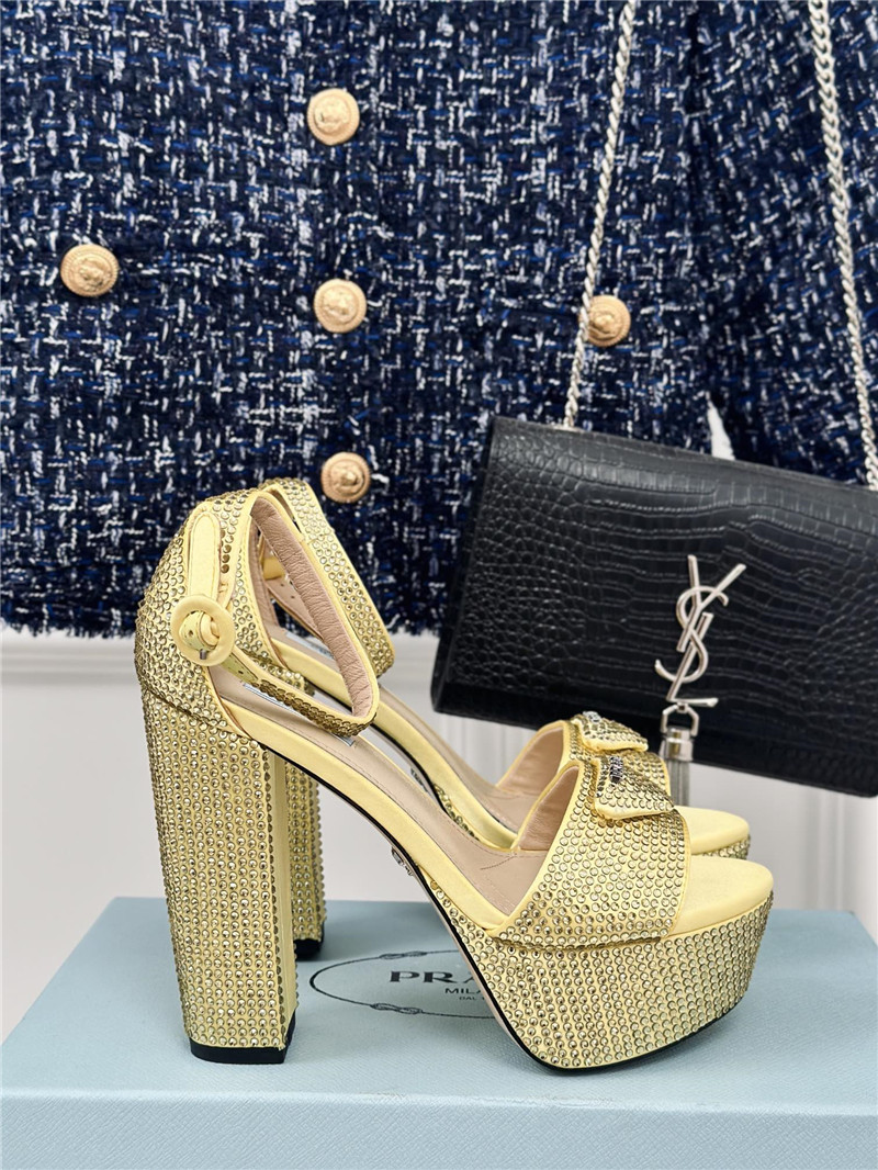 Pra*a gold satin platform sandals with crystal