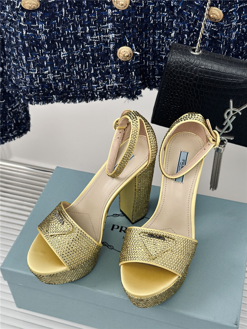 Pra*a gold satin platform sandals with crystal