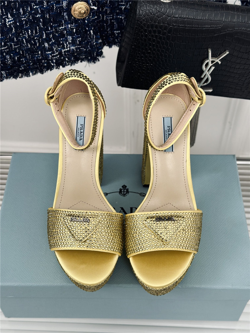 Pra*a gold satin platform sandals with crystal