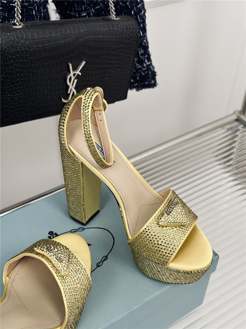 Pra*a gold satin platform sandals with crystal