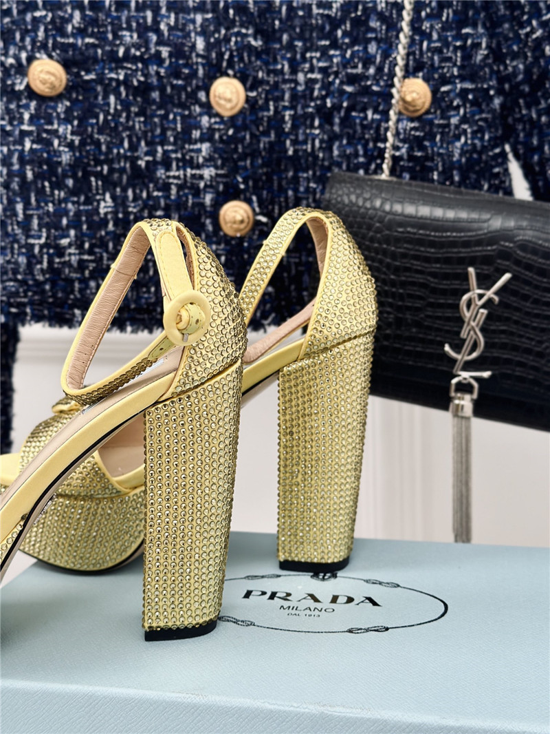 Pra*a gold satin platform sandals with crystal