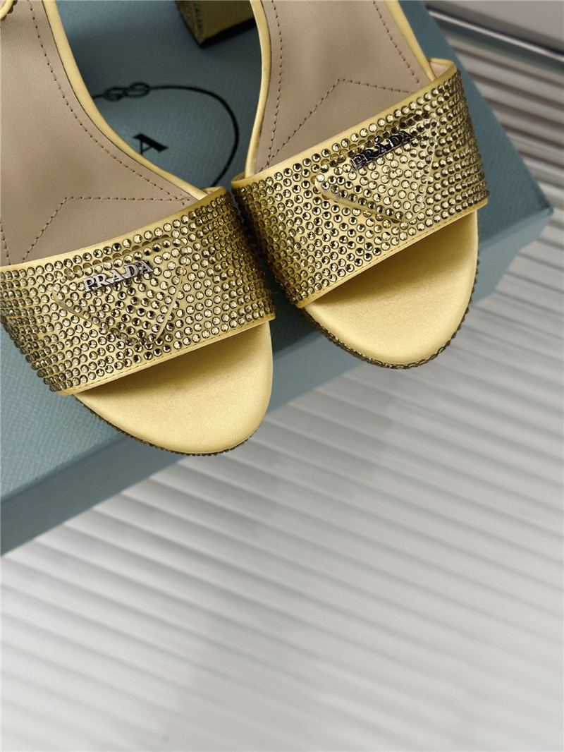 Pra*a gold satin platform sandals with crystal