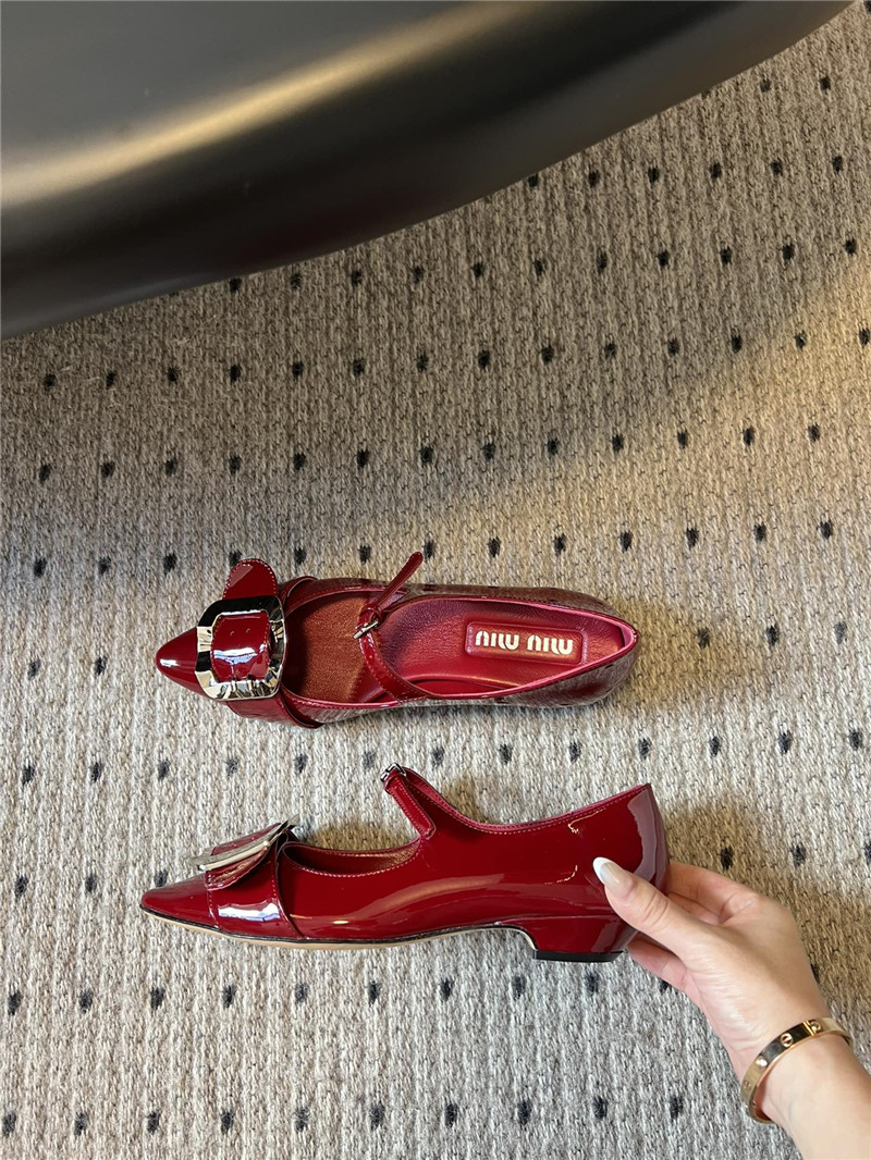 Miu Miu Red Buckle Ankle Strap Pointed Mary Jane Flats