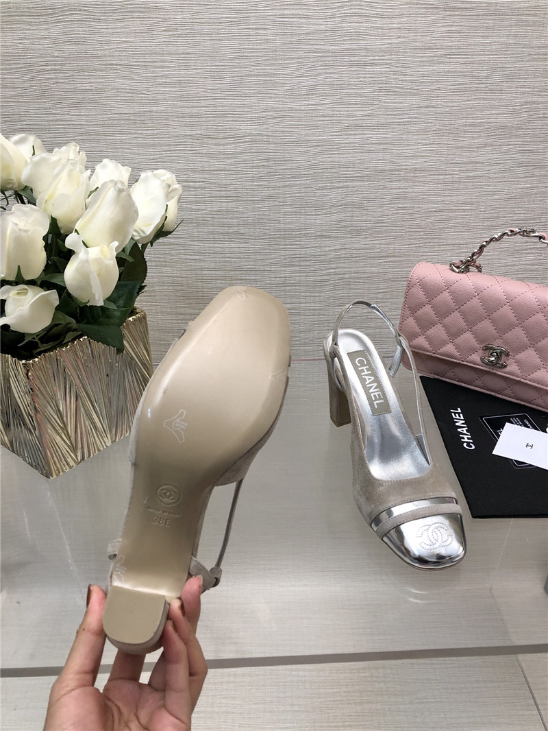 Ch**el grey suede and silver leather slingbacks