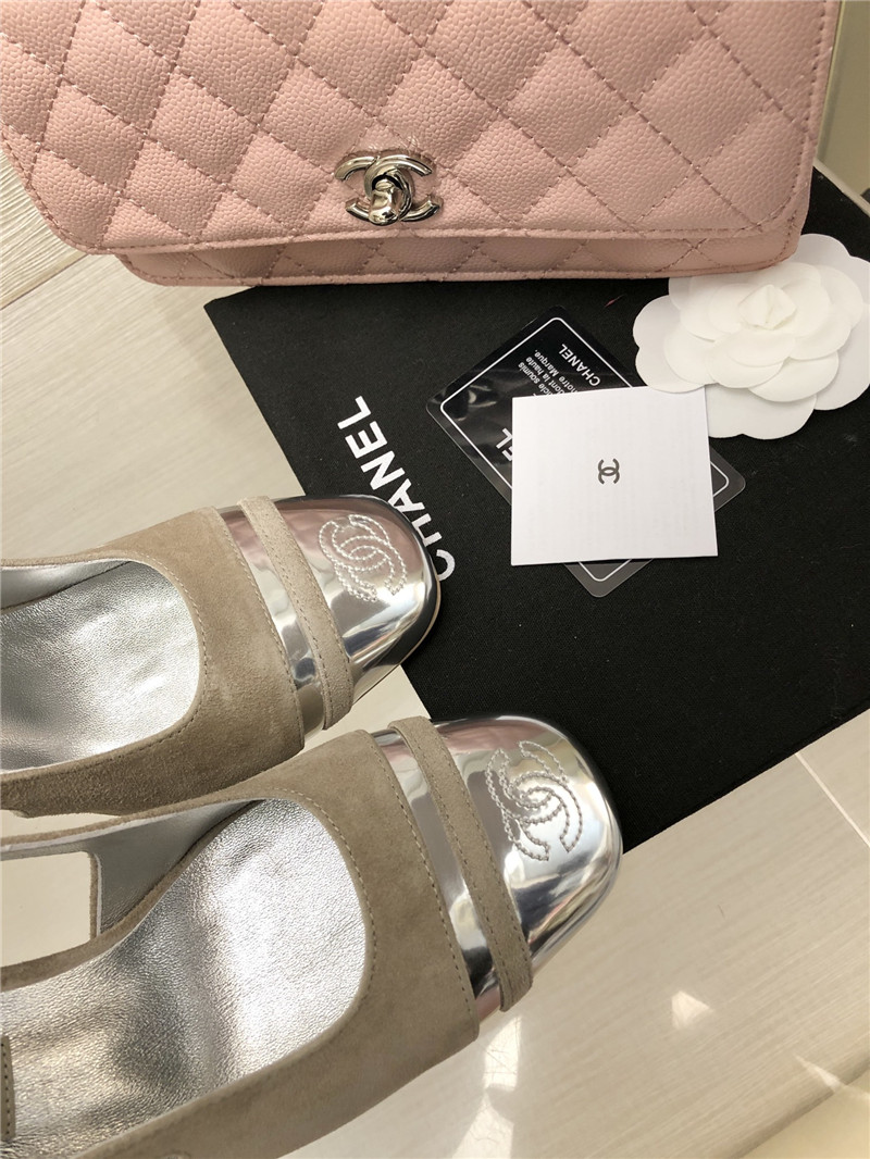 Ch**el grey suede and silver leather slingbacks