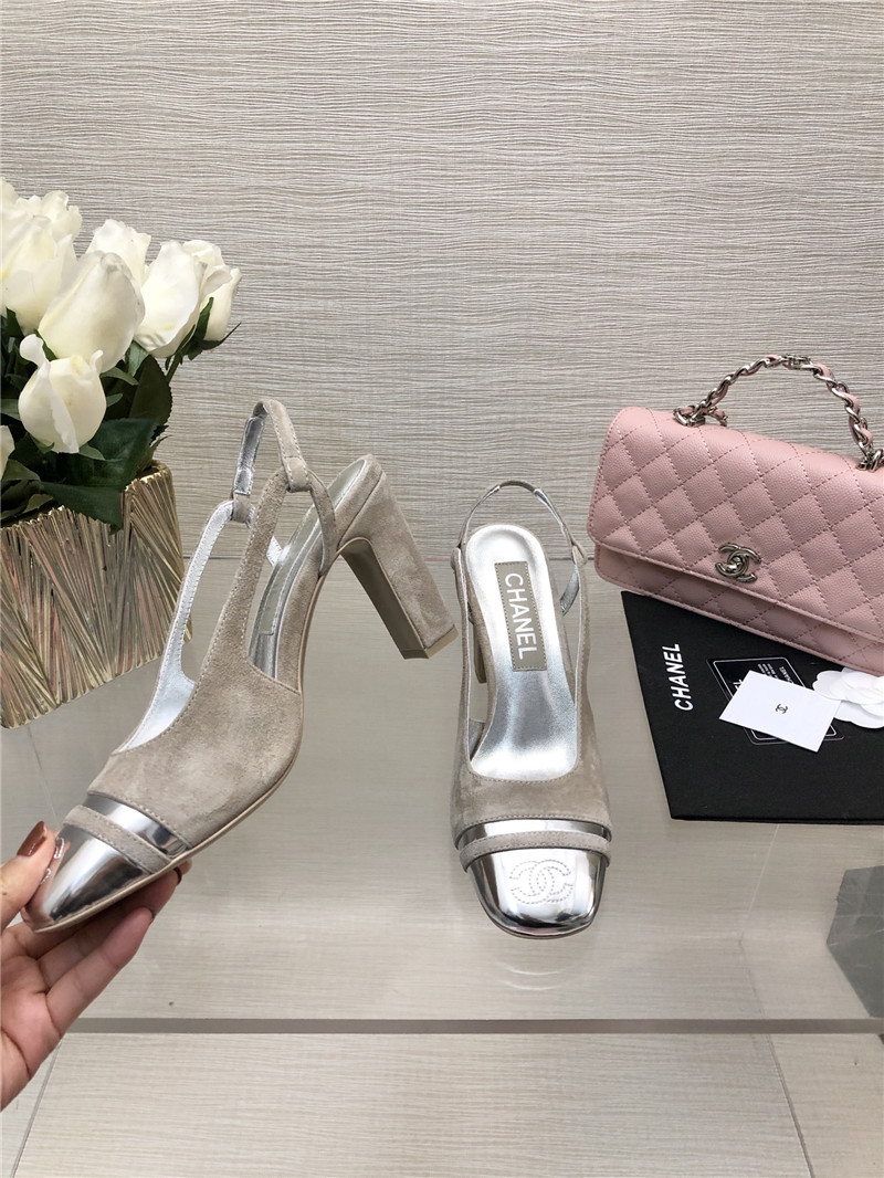 Ch**el grey suede and silver leather slingbacks