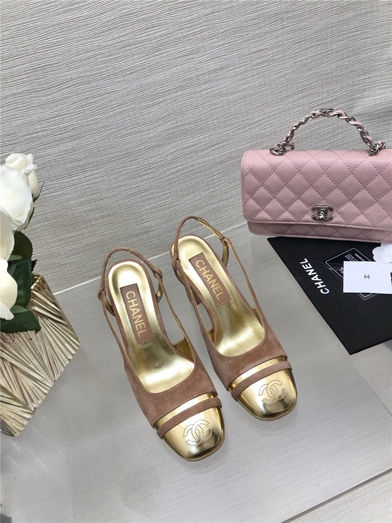 Ch**el pink suede and gold leather slingbacks