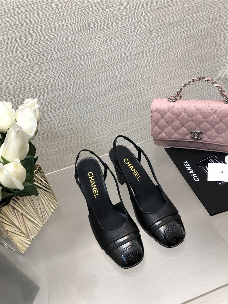 Ch**el black goatskin and patent leather slingbacks