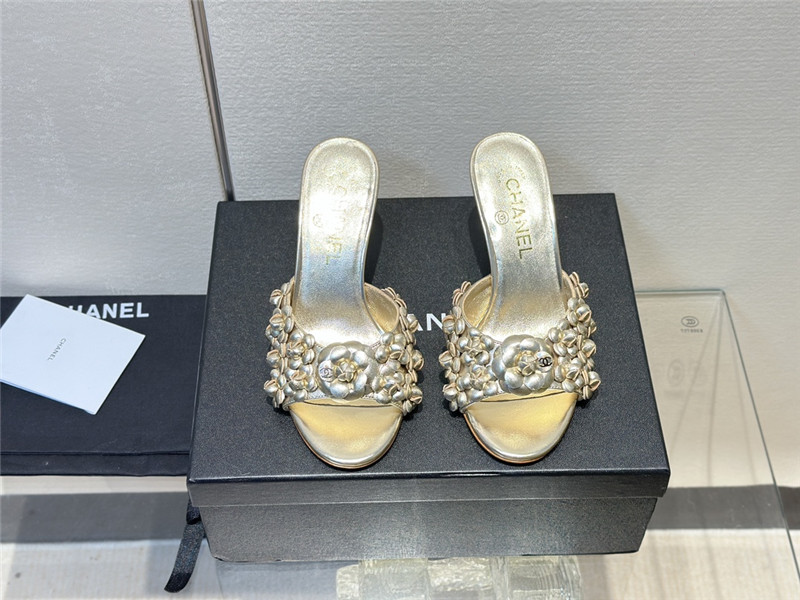 Ch**el camellia heel mules gold leather