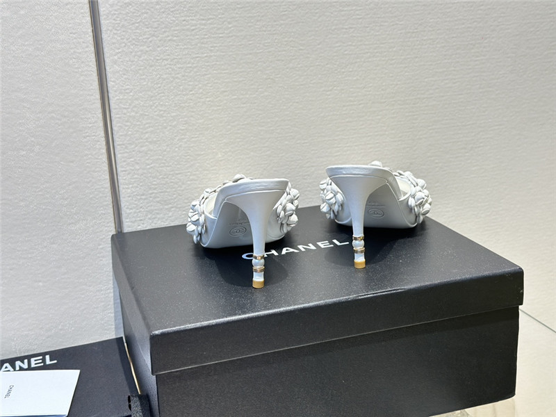 Ch**el camellia heel mules white leather