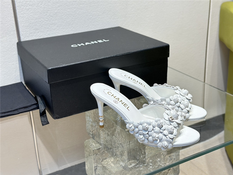 Ch**el camellia heel mules white leather