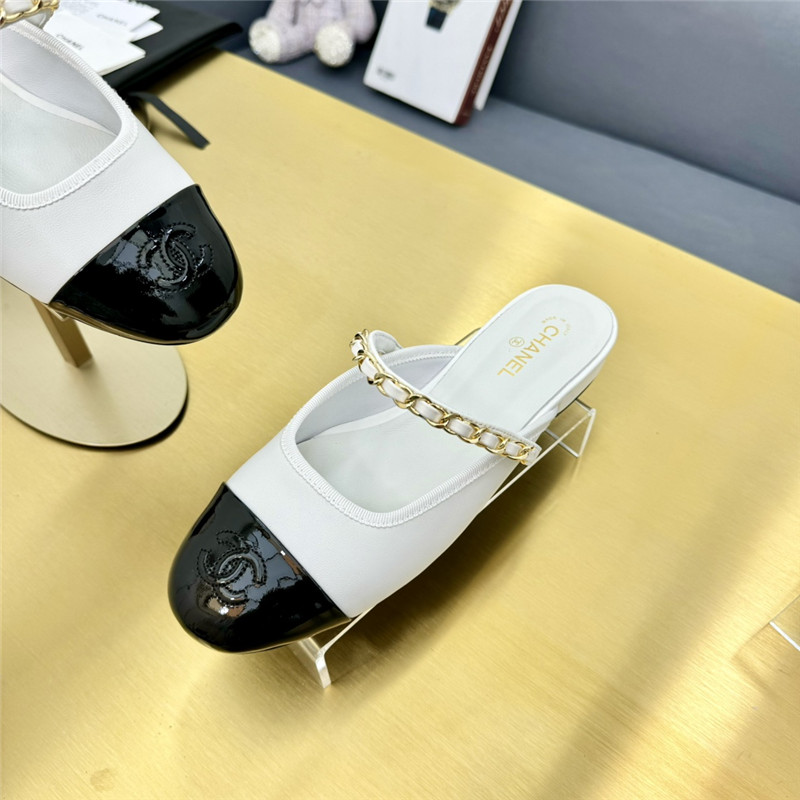 Ch**el mary janes chain flat mules white and black