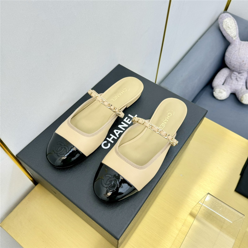 Ch**el mary janes chain flat mules beige and black