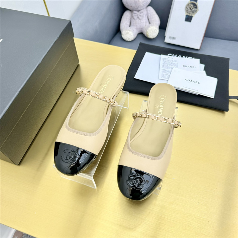 Ch**el mary janes chain flat mules beige and black