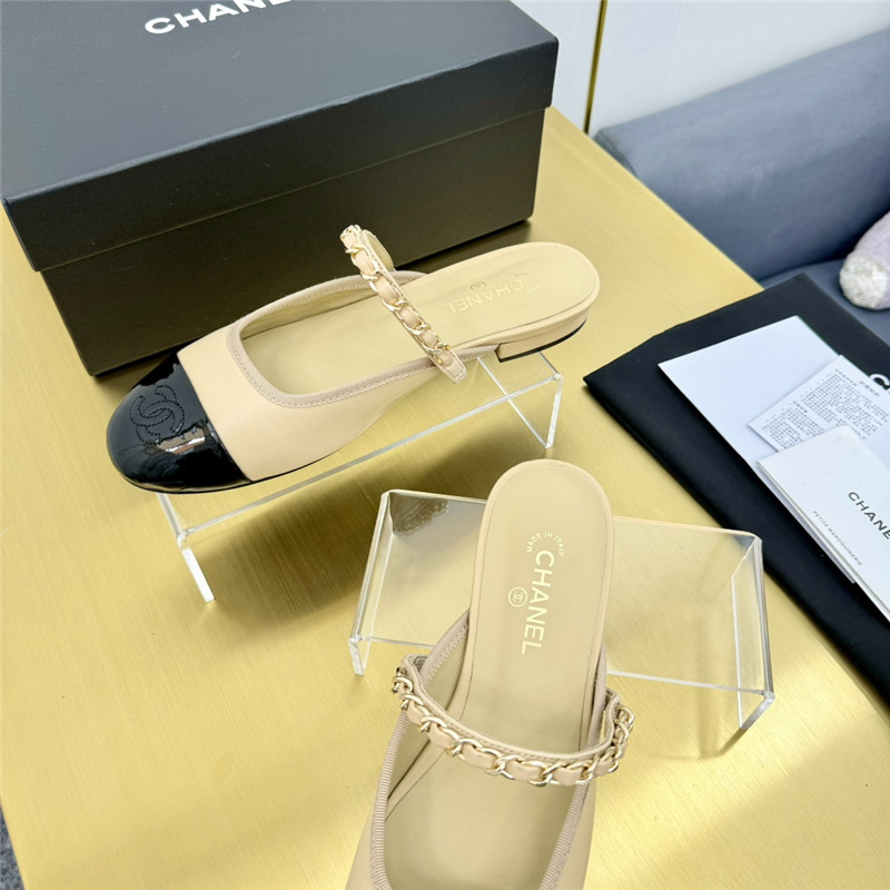 Ch**el mary janes chain flat mules beige and black