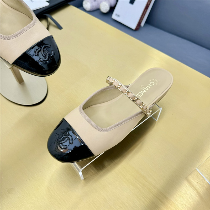 Ch**el mary janes chain flat mules beige and black