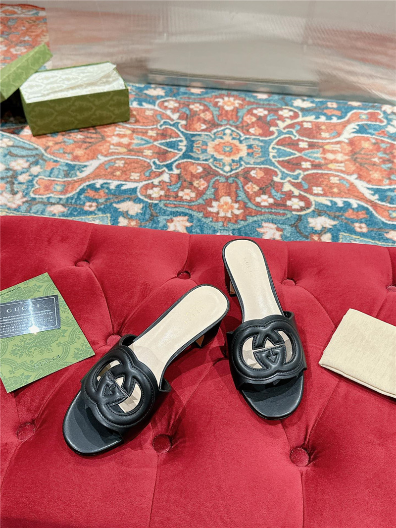 Gvc*1 interlocking g black mid-heel slide sandals