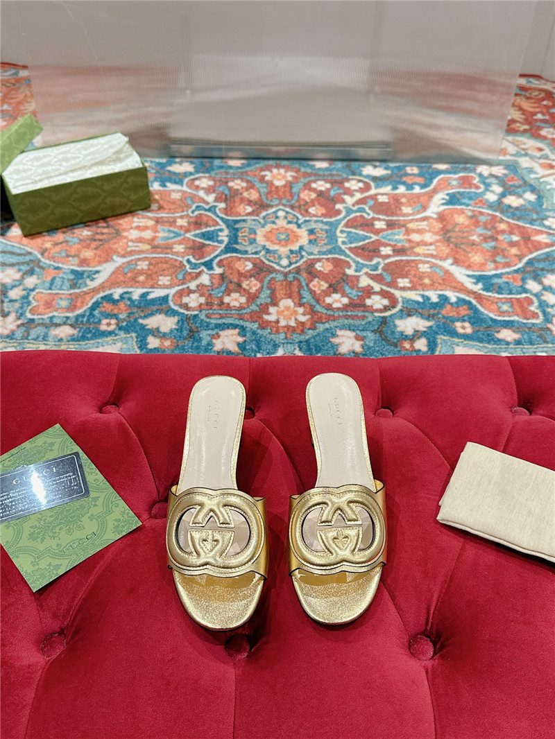 Gvc*1 gold interlocking g mid-heel slide sandals