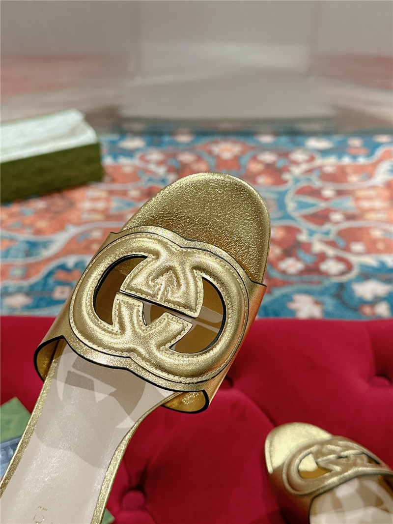 Gvc*1 gold interlocking g mid-heel slide sandals