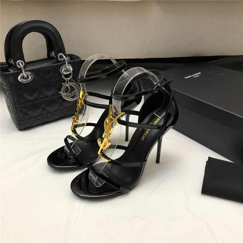 Sa1nt Lau*nt cassandra black and gold patent heels sandals