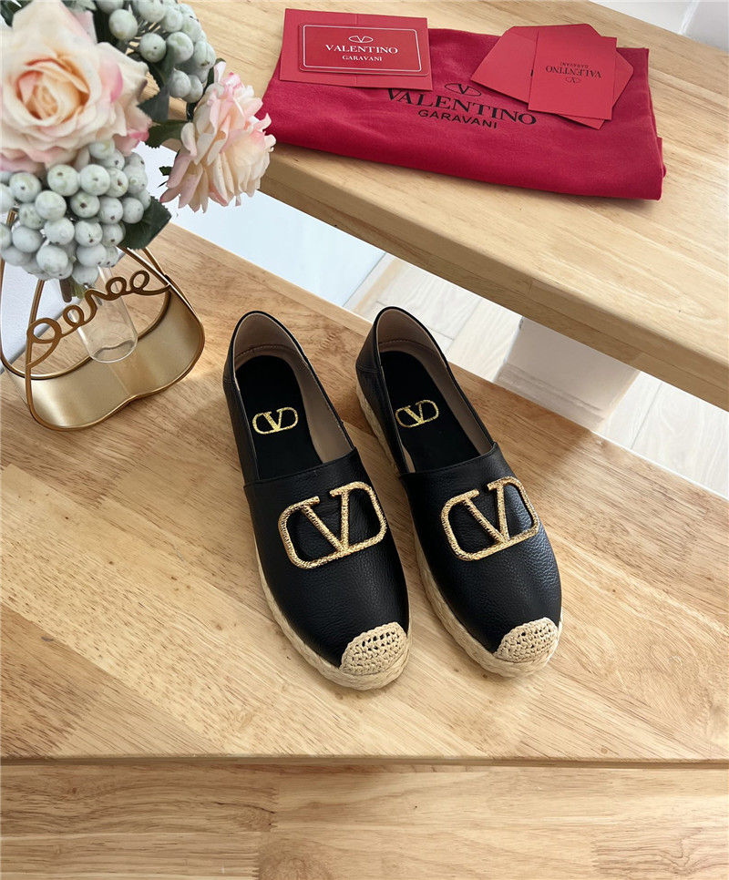 Va1e*ntin0 vlogo calfskin raffia espadrilles gold and black