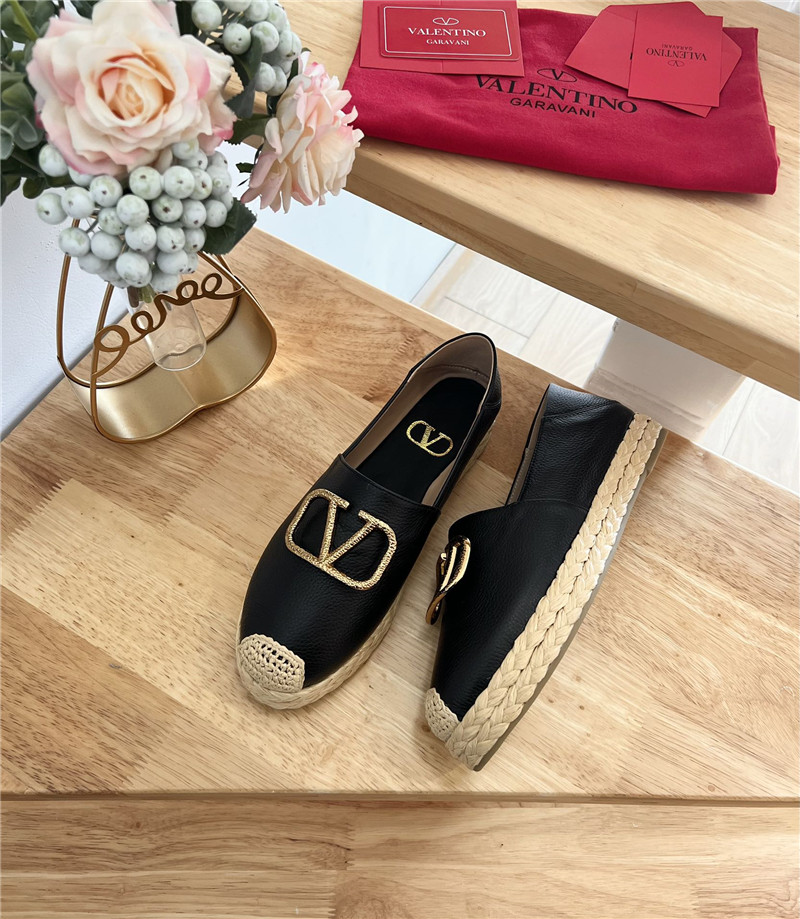 Va1e*ntin0 vlogo calfskin raffia espadrilles gold and black