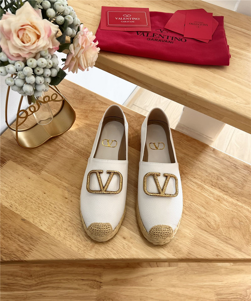 Va1e*ntin0 vlogo calfskin raffia espadrilles gold and white