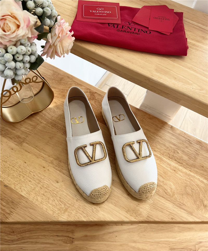 Va1e*ntin0 vlogo calfskin raffia espadrilles gold and white