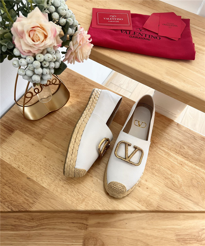 Va1e*ntin0 vlogo calfskin raffia espadrilles gold and white