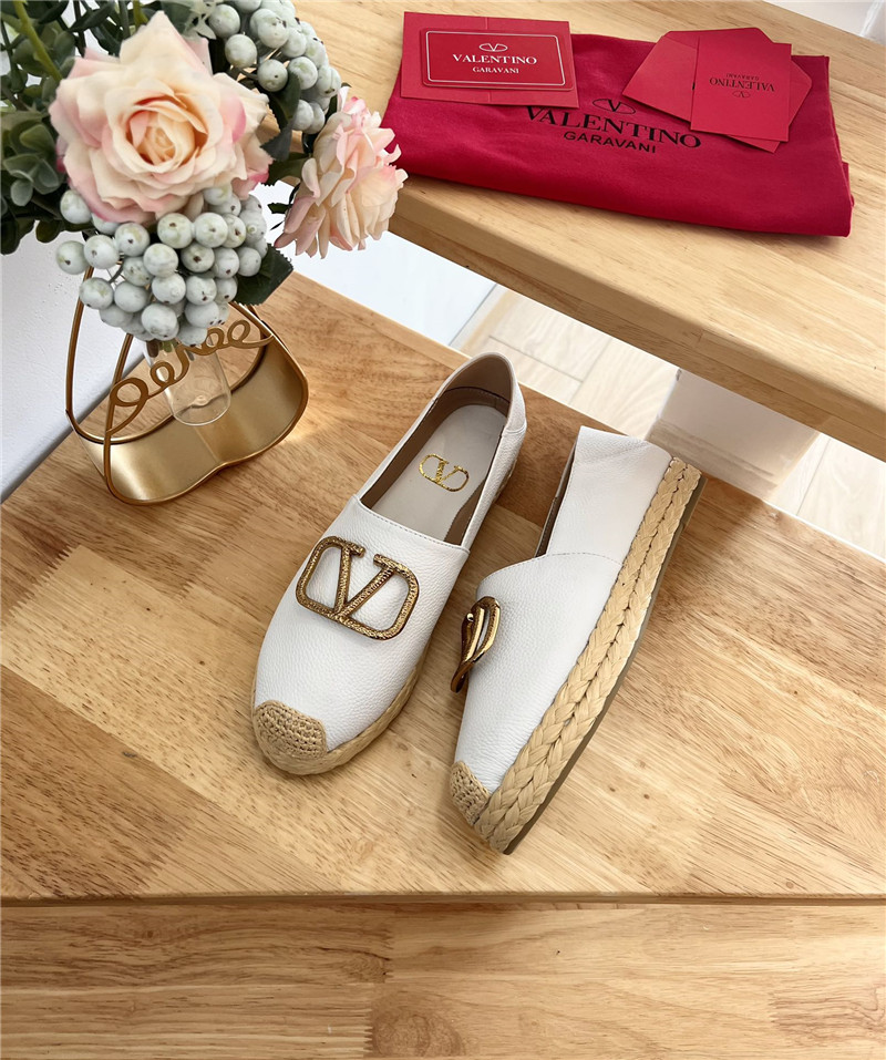 Va1e*ntin0 vlogo calfskin raffia espadrilles gold and white