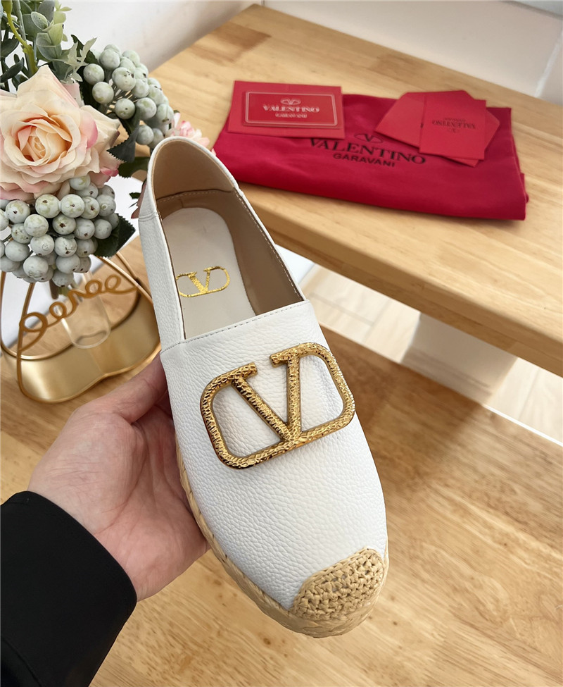 Va1e*ntin0 vlogo calfskin raffia espadrilles gold and white