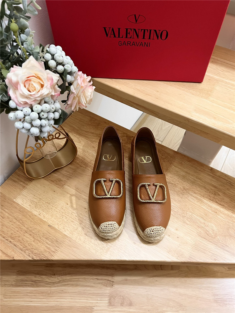 Va1e*ntin0 vlogo calfskin raffia espadrilles gold and brown