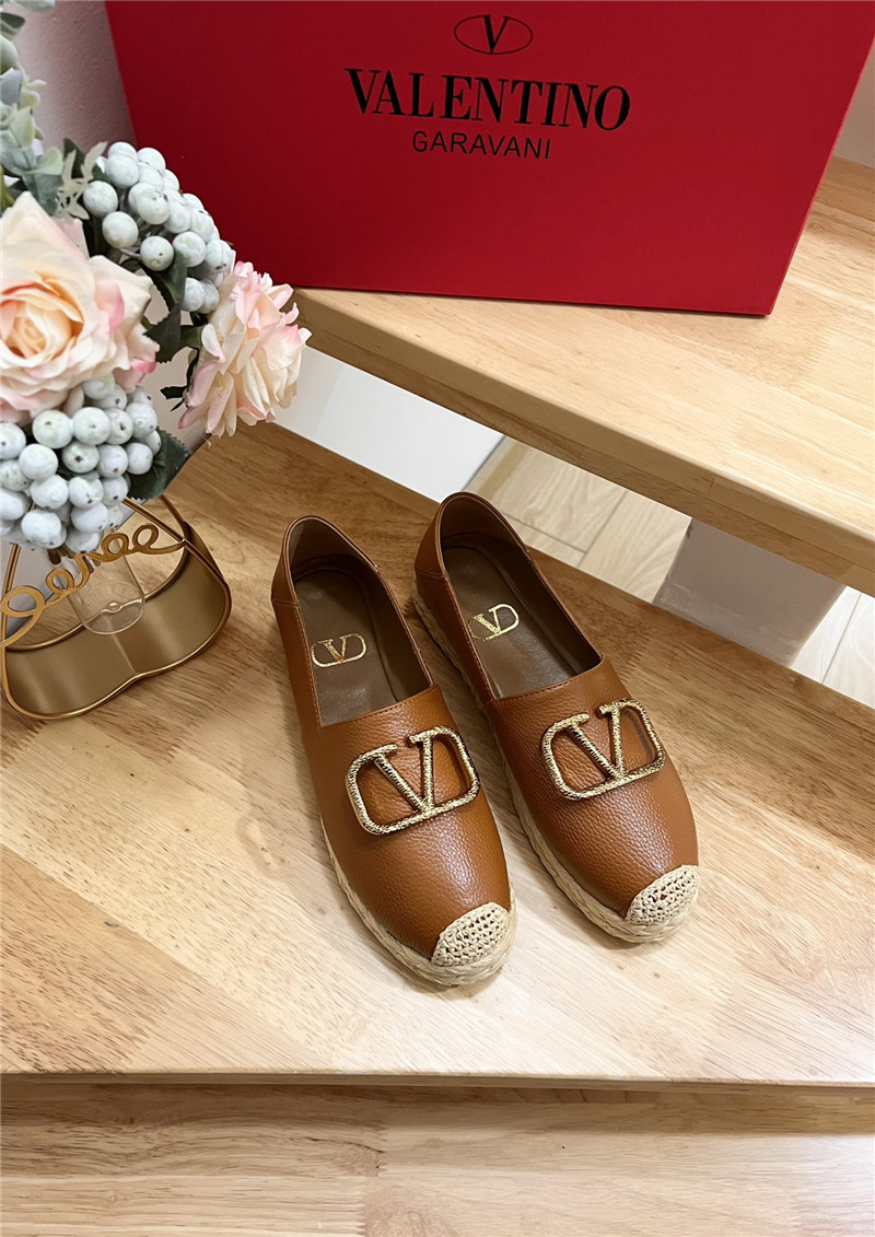 Va1e*ntin0 vlogo calfskin raffia espadrilles gold and brown